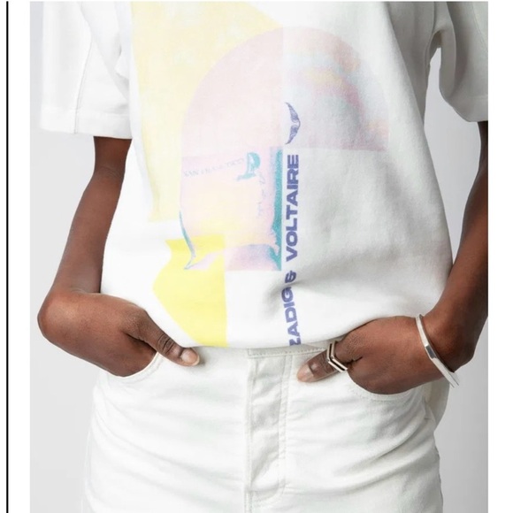 Zadig and Voltaire Bow Tshirt White short sleeve Terry Palmier print Top M NEW - Picture 1 of 13